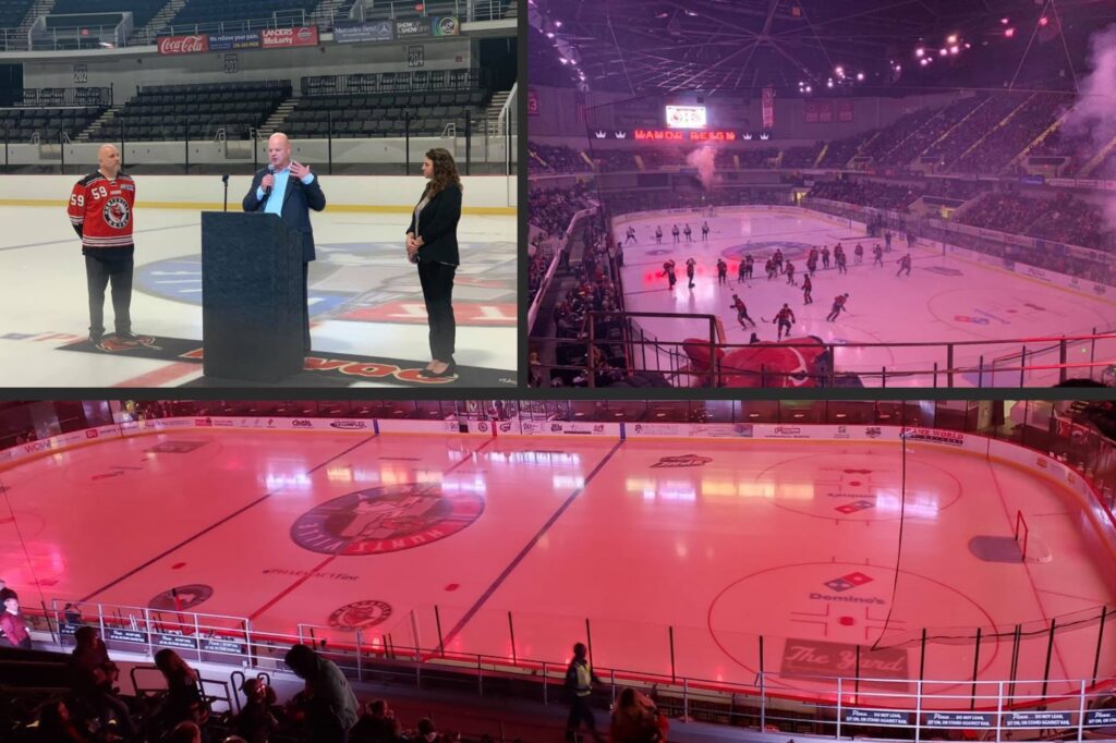 Collage of photos from VBC Propst Arena new interior LED lighting unveiling