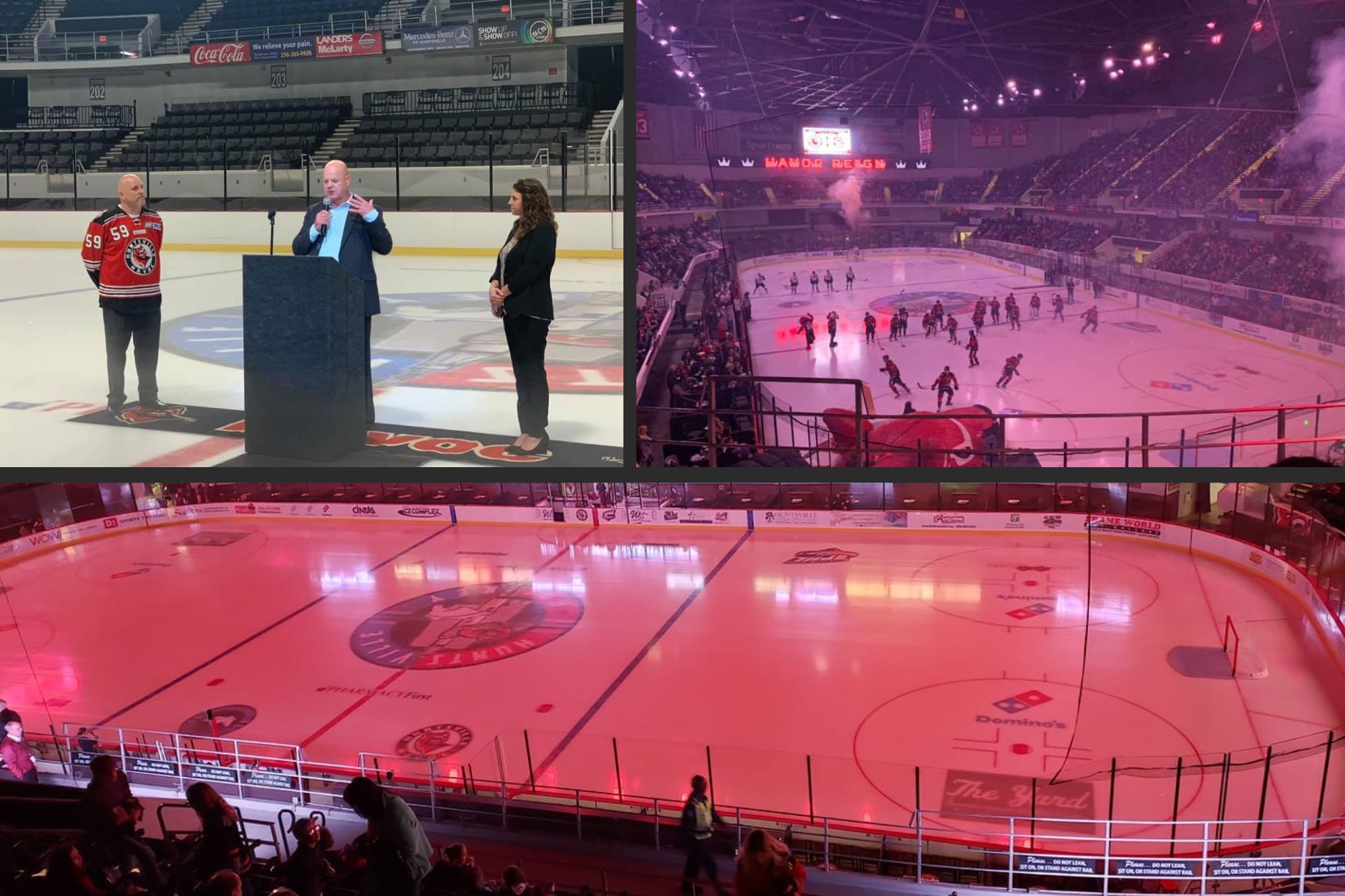 Collage of photos from VBC Propst Arena new interior LED lighting unveiling
