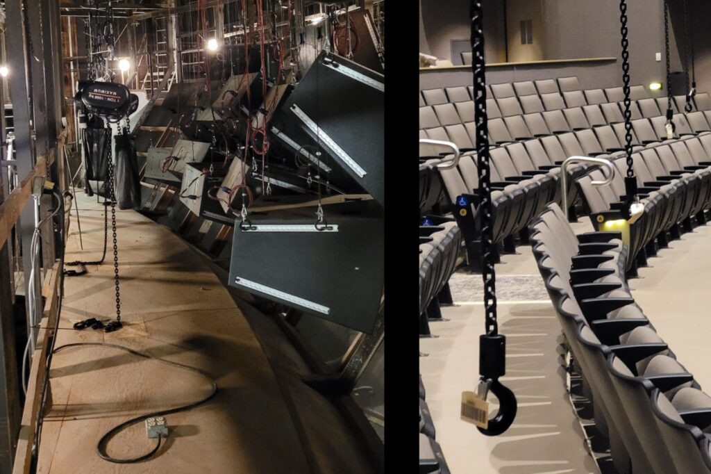 Photo of upgraded steel rigging system in VBC Mark C. Smith Concert Hall