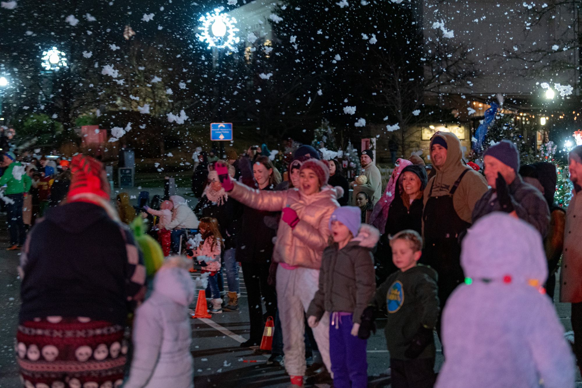 Photo of crowd at Christmas Parade in snow from passing snow machine
