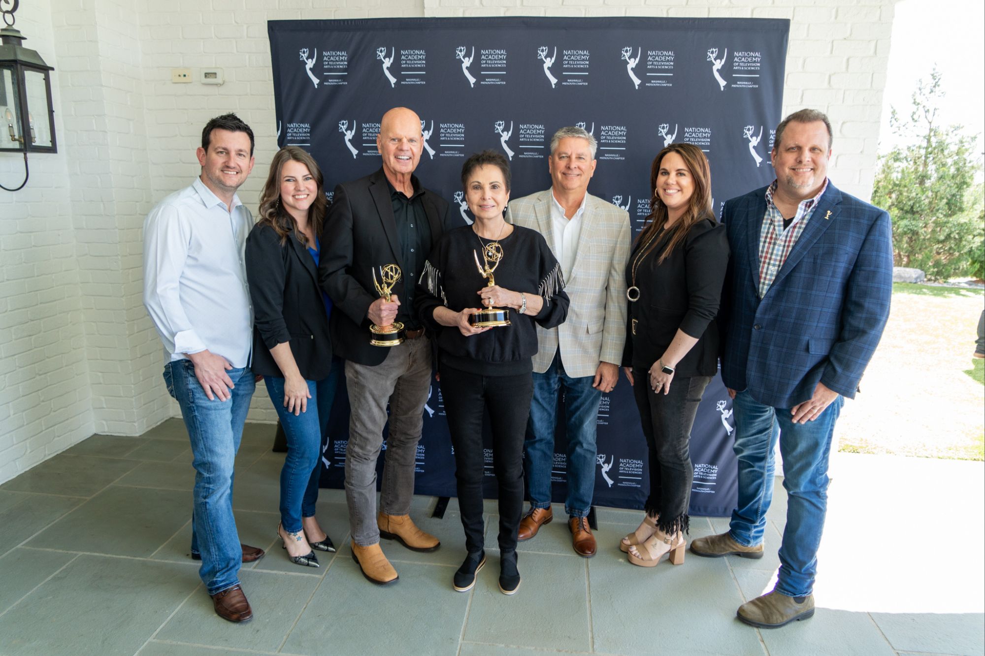 Photo of VBC staff with Nancy Jones after televised George Jones tribute concert that took place in the VBC Propst Arena in 2023 won an EMMY Award