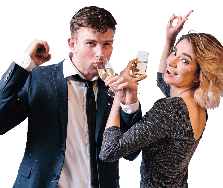 Image of a man and a woman posing with champagne flutes