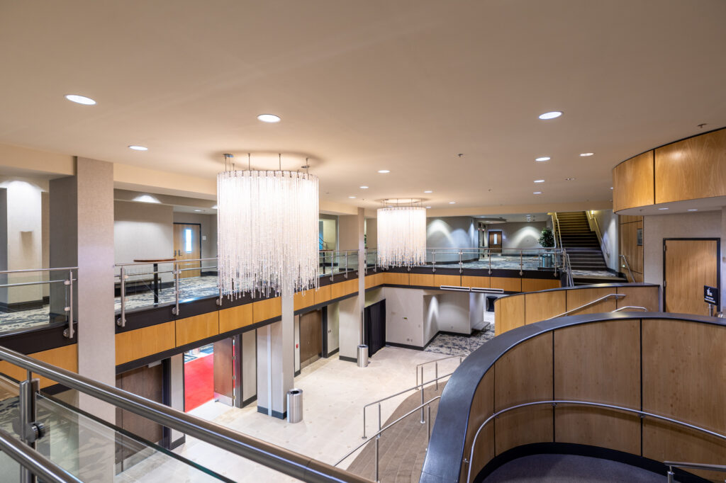 Photo looking down into lobby of VBC Mark C. Smith Concert Hall