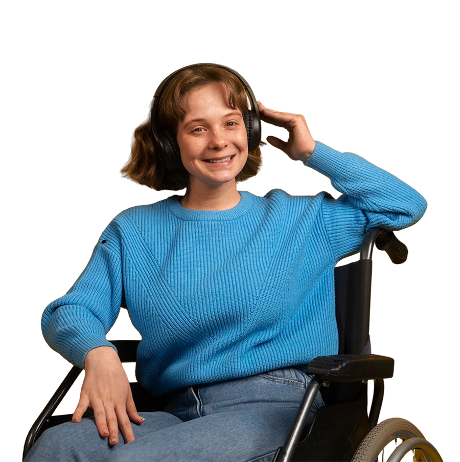 Cutout image showing a girl in a wheelchair with headphones showing accessibility