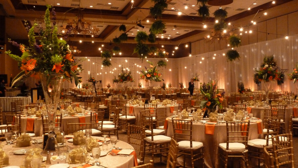 Image of a a wedding with florals and banquet takes in South Hall Ballrooms