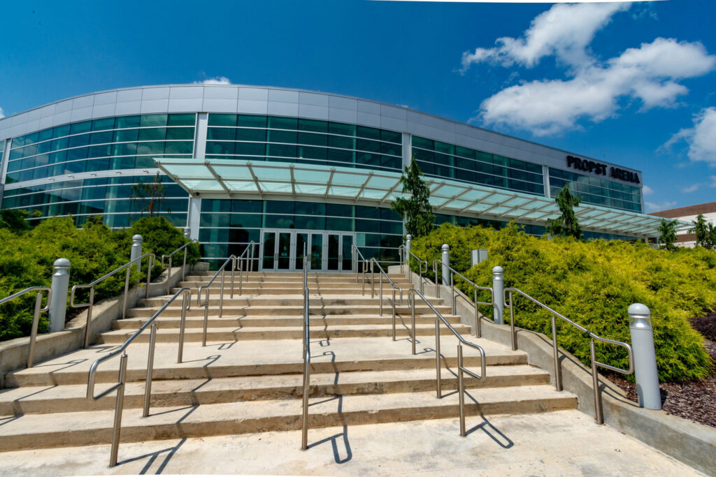 Exterior image of the stairs leading to the Propst Arena entrance
