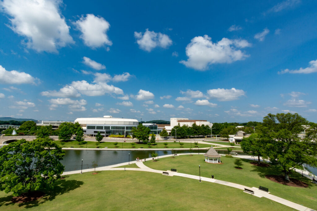 Image of the Von Braun Center across Big Spring Park