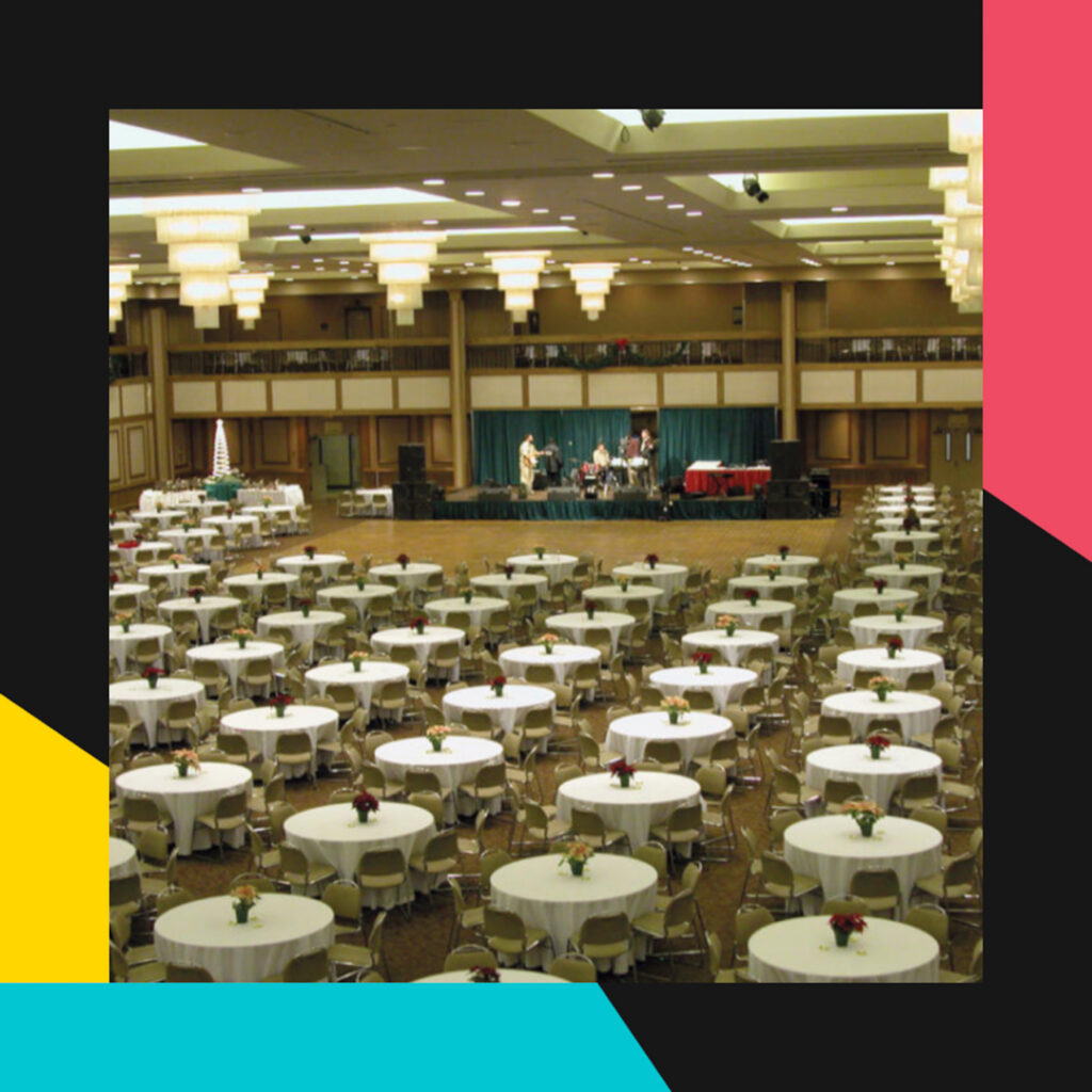 Photo of a banquet setup in Saturn Ballroom in 1987