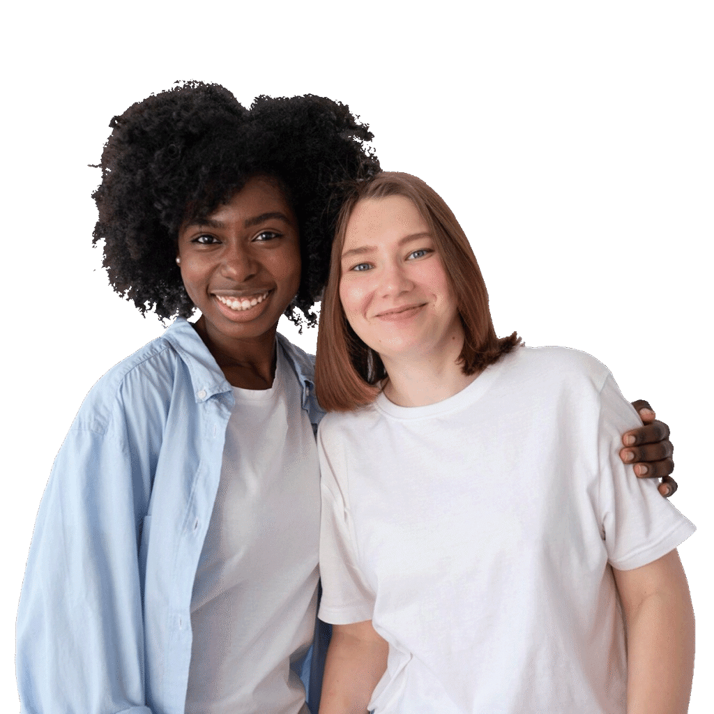 Cutout image of two guests hugging