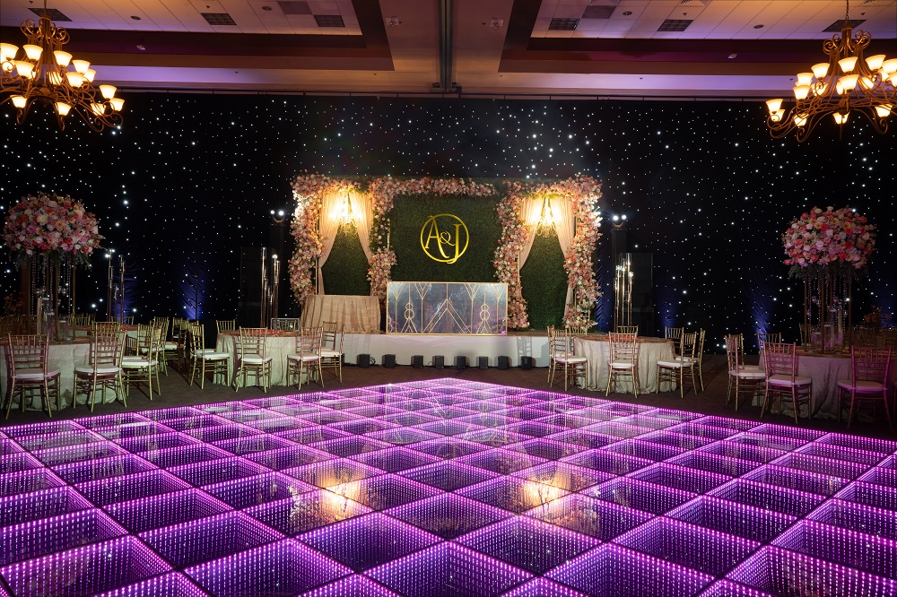 Photo of wedding reception with dance floor in VBC South Hall Ballroom with
