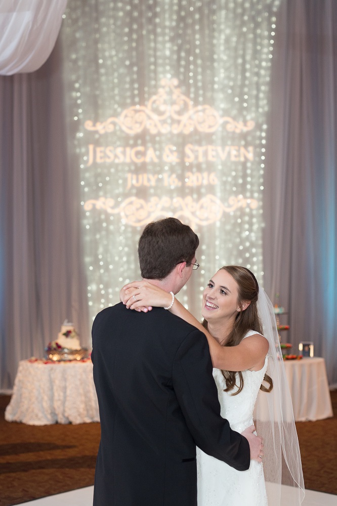 Photo of bride and groom during their first dance in VBC Saturn Ballroom