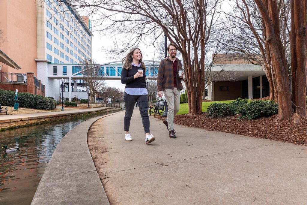Photos of guests enjoying coffee at Big Spring Park outside the VBC South Hall
