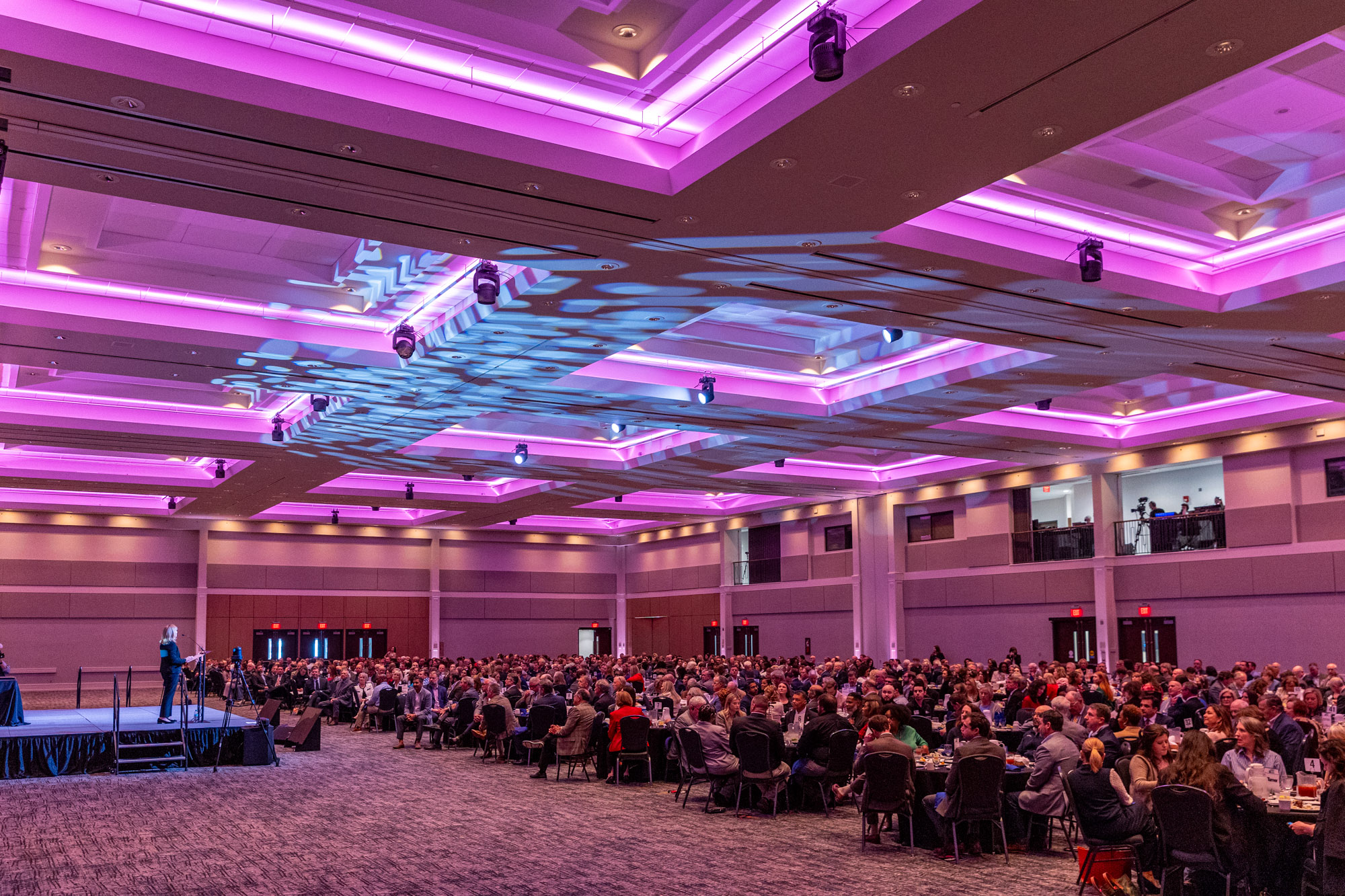 Photo of banquet style seating with an event in Saturn Ballroom