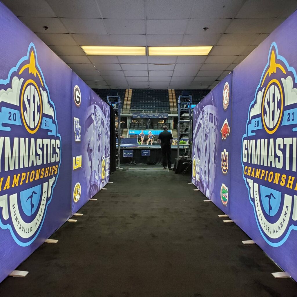 Photo of athlete tunnel leading into SEC Gymnastics Championships in VBC Propst Arena