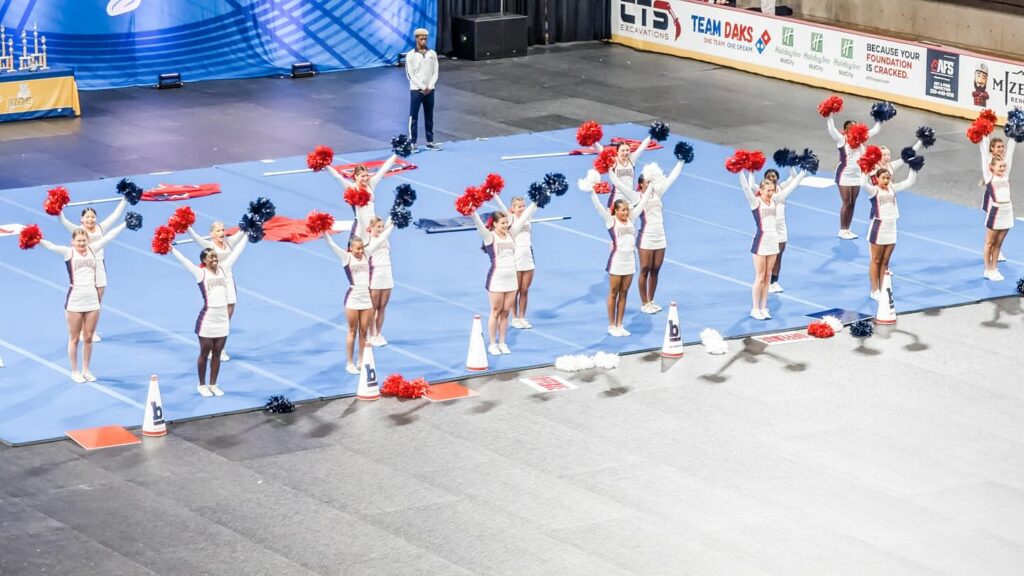 Photo of Bob Jones High School Cheer during 2024 UCA competition in VBC Propst Arena