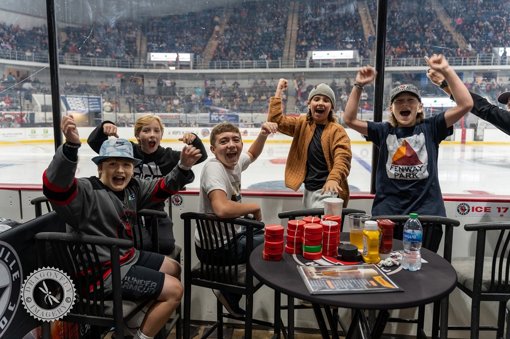 Photo of young fans at Havoc hockey game inside VBC Propst Arena