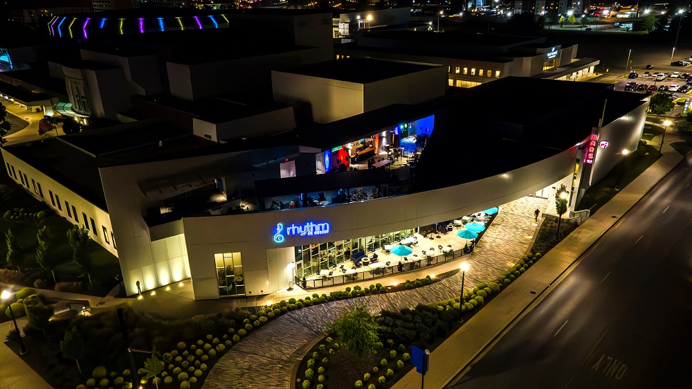 Drone photo of Rhythm On Monroe at night