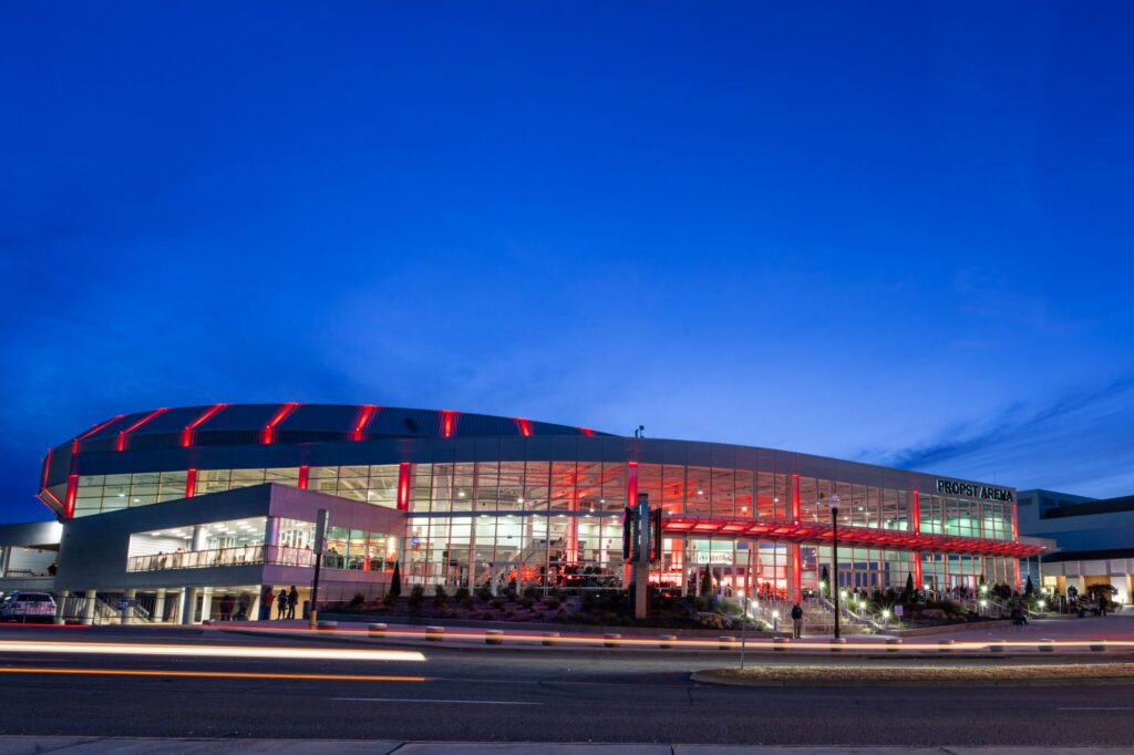 Photo of VBC Propst Arena lit in red lighting for Havoc hockey game