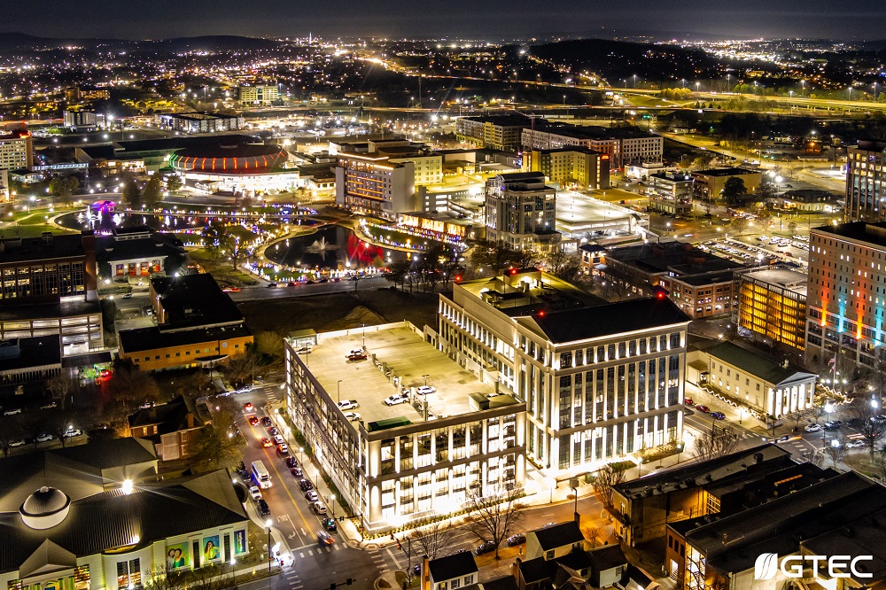 Photo of downtown Huntsville featuring City Hall and VBC at night