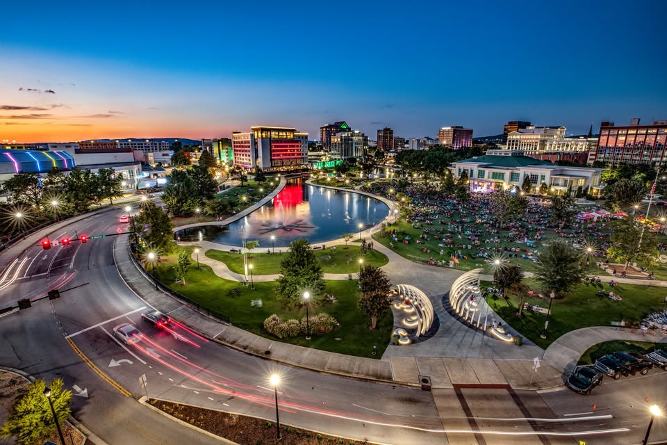 Photo of Big Spring Park in downtown Huntsville at sunset