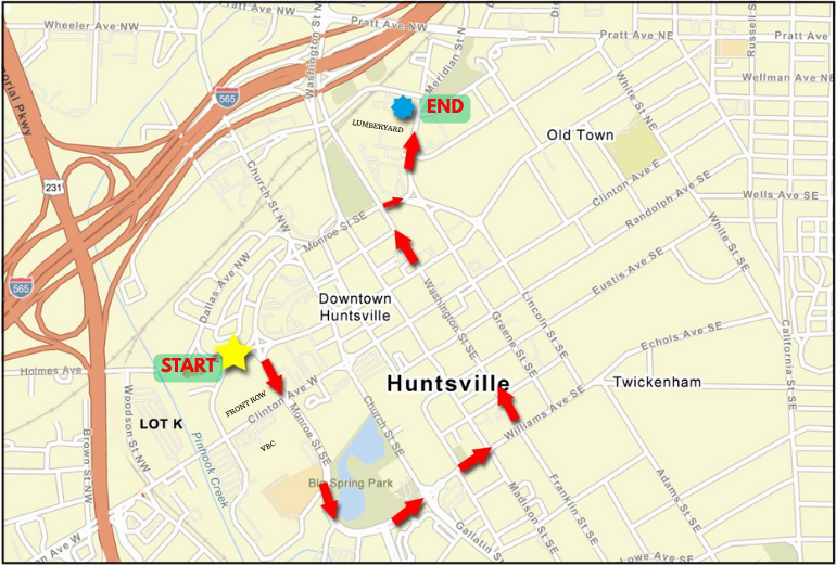 Map showing the 2026 Huntsville Christmas Parade route